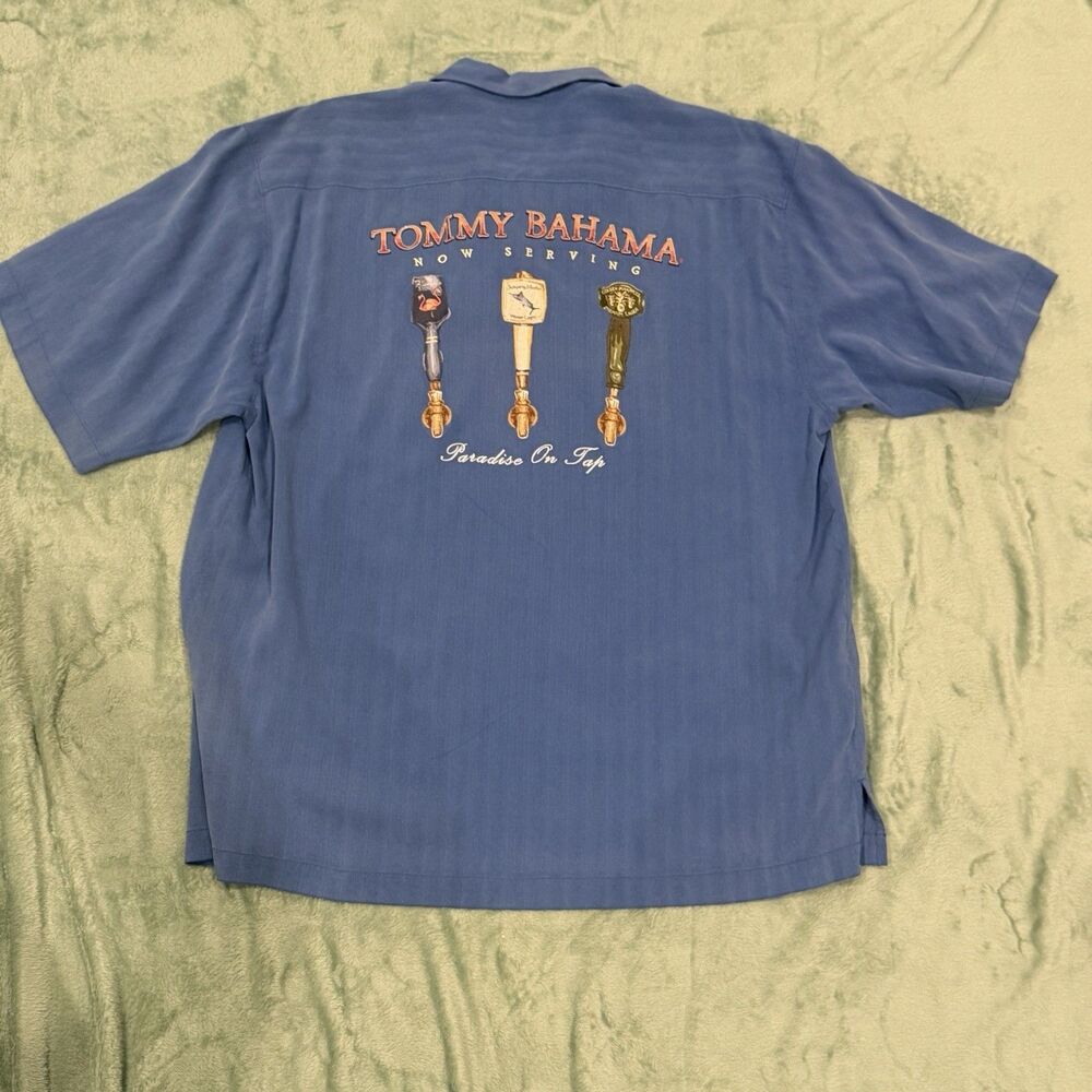 Tommy Bahama Paradise On Tap Silk Camp Shirt Men's L Blue Beer Tap Embroidered